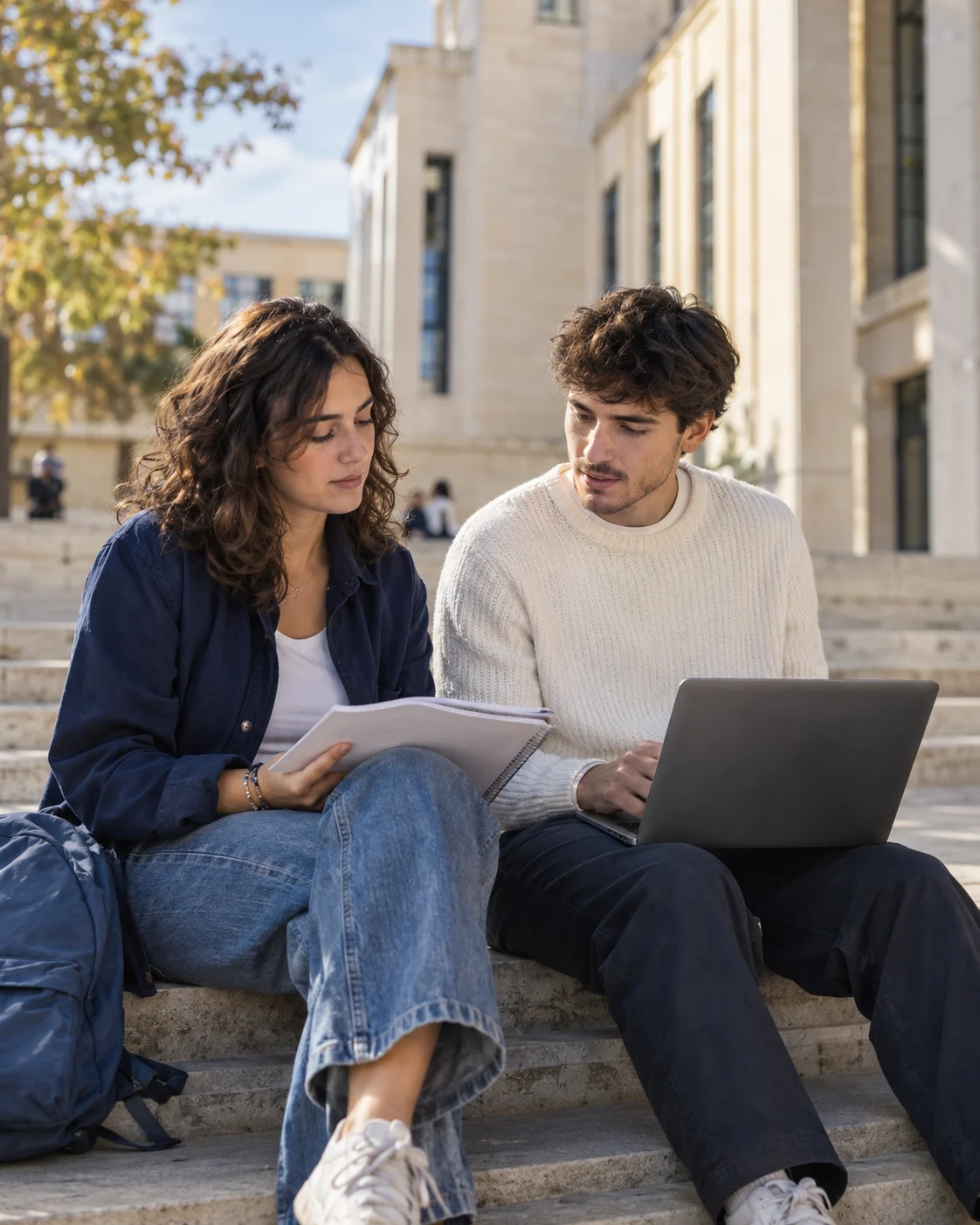 Deux étudiants échangent autour de leurs cours